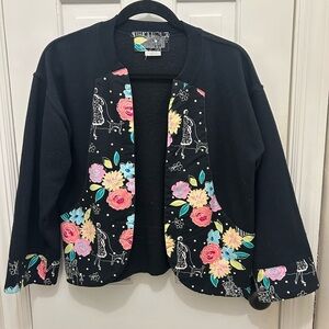 BLACK OPEN FRONT BLAZER JACKET WITH FLORAL PATTERN AND WOMAN WALKING A DOG SZ S